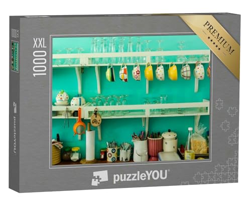 Puzzle 1000 Teile XXL „Vintage-Küchentischeinrichtung: Bunte Tasse, Gläser, Besteck vor türkisfarbener Wand“ – aus der Puzzle-Kollektion Vintage von puzzleYOU