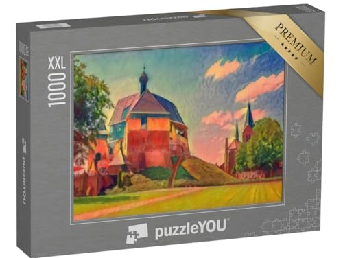 Puzzle 1000 Teile XXL „im Kunst-Stil von Franz Marc - Schloss und Kirche in Keverburg an der Maas, Niederlande“ Puzzle 1000 Teile XXL „im Kunst-Stil von Franz Marc - Schloss und Kirche in Keverburg an der Maas, Niederlande“ von puzzleYOU