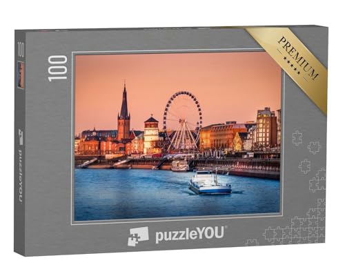 puzzleYOU: Puzzle 100 Teile „Abendlicher Blick auf den Rhein und die Altstadt von Düsseldorf, Deutschland“ – aus der Puzzle-Kollektion Düsseldorf von puzzleYOU