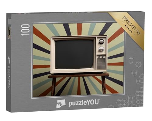 puzzleYOU: Puzzle 100 Teile „Alter Retro-Fernseher auf einem Tisch, Vintage-Wand, 3D-Illustration“ – aus der Puzzle-Kollektion Vintage von puzzleYOU
