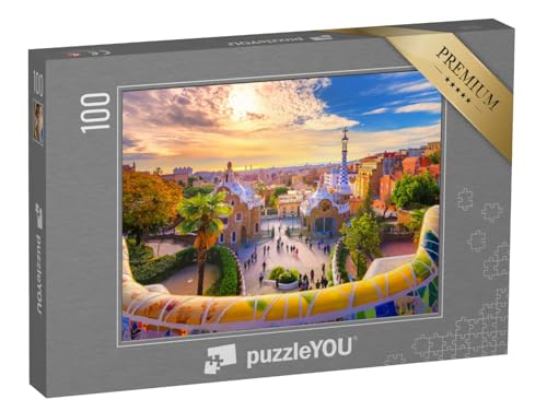 puzzleYOU: Puzzle 100 Teile „Blick auf Barcelona vom Park Güell in Barcelona, Spanien“ – aus der Puzzle-Kollektion Parks, Europa, Städte, Spanien, Barcelona, Blumen & Pflanzen, Europäische Städte von puzzleYOU