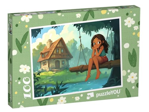 puzzleYOU: Puzzle 100 Teile „Das Naturkind auf Seiner Holzschaukel am Bach“ – aus der Puzzle-Kollektion Kinderpuzzle von puzzleYOU