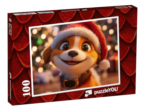 puzzleYOU: Puzzle 100 Teile „Der kleine Hundewelpe mit Weihnachtsmütze“ – aus der Puzzle-Kollektion Kinderpuzzle von puzzleYOU