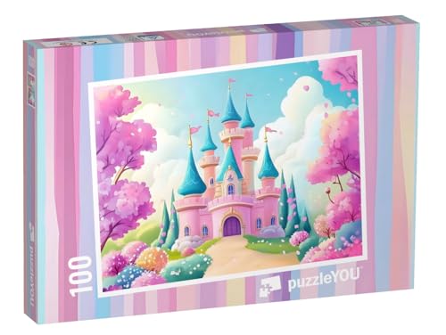 puzzleYOU: Puzzle 100 Teile „EIN rosa Prinzessinnenschloss im magischen Märchenland“ – aus der Puzzle-Kollektion Kinderpuzzle von puzzleYOU
