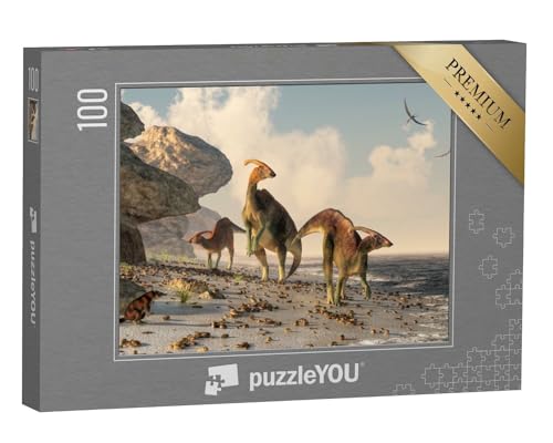 puzzleYOU: Puzzle 100 Teile „Eine 3D-Illustration: DREI Parasaurolophus“ – aus der Puzzle-Kollektion Dinosaurier von puzzleYOU