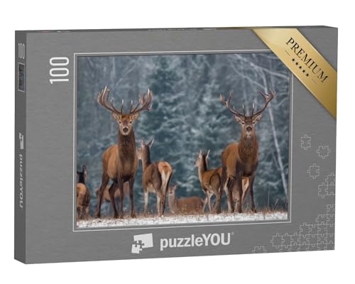 puzzleYOU: Puzzle 100 Teile „Eine Herde von Hirschen im winterlichen Wald“ – aus der Puzzle-Kollektion Hirsche, Tiere in Wald & Gebirge von puzzleYOU
