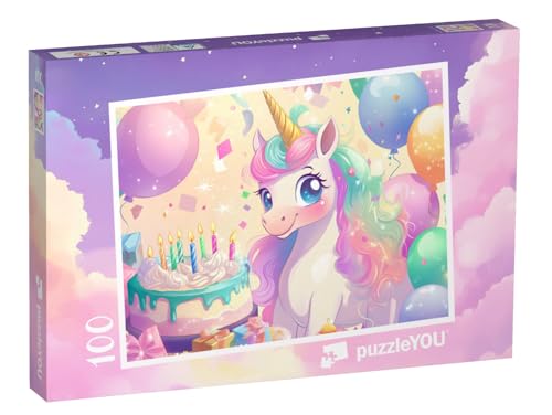 puzzleYOU: Puzzle 100 Teile „Einhorn Bella feiert Geburtstag mit Torte und Ballons“ – aus der Puzzle-Kollektion Kinderpuzzle von puzzleYOU