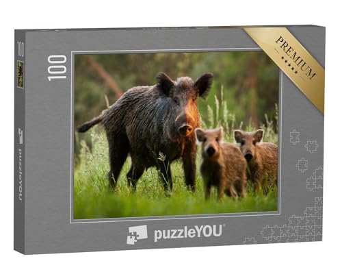 puzzleYOU: Puzzle 100 Teile „Familie von Wildschweinen mit Jungen Frischlingen auf Wiese bei Sonnenuntergang“ – aus der Puzzle-Kollektion Wildschweine, Tiere in Wald & Gebirge von puzzleYOU