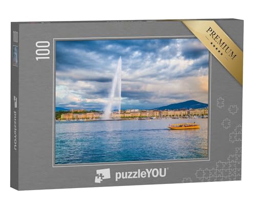 puzzleYOU: Puzzle 100 Teile „Fontäne des Jet D'eau-Brunnen am Hafenviertel von Genf, Schweiz“ – aus der Puzzle-Kollektion Genfer See von puzzleYOU