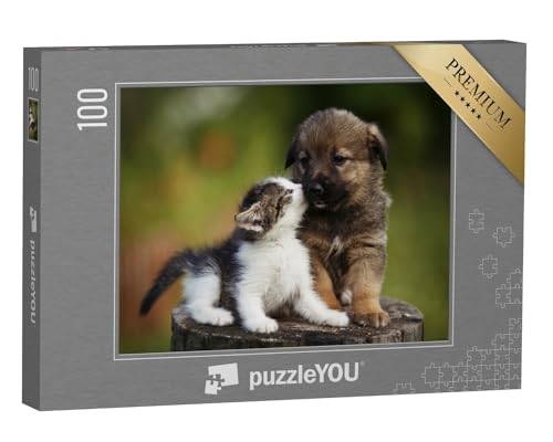 puzzleYOU: Puzzle 100 Teile „Freundschaft: Hundewelpe und Kätzchen“ – aus der Puzzle-Kollektion Katzen-Puzzles von puzzleYOU