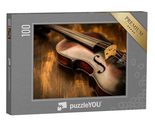 puzzleYOU: Puzzle 100 Teile „Geige: Vintage-Stil auf Holz-Hintergrund“ – aus der Puzzle-Kollektion Musik, Menschen von puzzleYOU