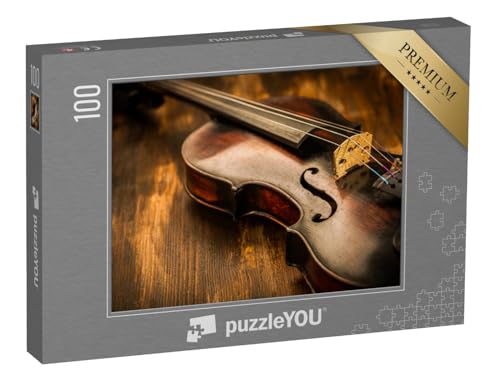 puzzleYOU: Puzzle 100 Teile „Geige: Vintage-Stil auf Holz-Hintergrund“ – aus der Puzzle-Kollektion Musik, Menschen von puzzleYOU