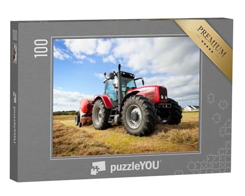puzzleYOU: Puzzle 100 Teile „Großer Traktor sammelt Heuhaufen auf dem Feld an einem sonnigen Tag“ – aus der Puzzle-Kollektion Traktoren von puzzleYOU