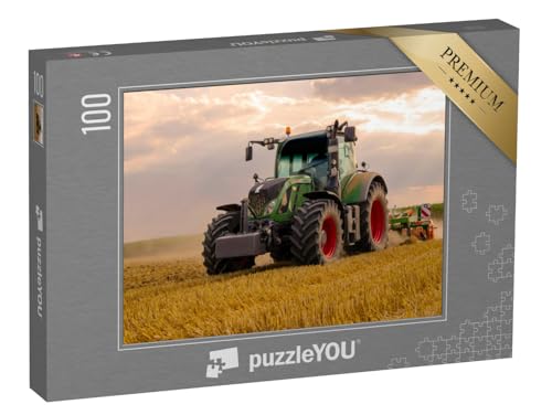 puzzleYOU: Puzzle 100 Teile „Grüner Traktor pflügt EIN Getreidefeld, Himmel mit Wolken“ – aus der Puzzle-Kollektion Traktoren von puzzleYOU