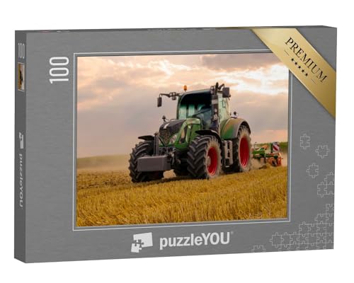 puzzleYOU: Puzzle 100 Teile „Grüner Traktor pflügt EIN Getreidefeld, Himmel mit Wolken“ – aus der Puzzle-Kollektion Traktoren von puzzleYOU