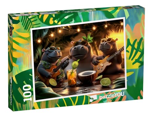 puzzleYOU: Puzzle 100 Teile „Hawaii-Hippos Machen Musik an der Strandbar“ – aus der Puzzle-Kollektion Kinderpuzzle von puzzleYOU