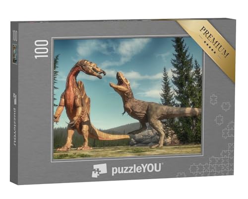 puzzleYOU: Puzzle 100 Teile „Kampf zwischen Spinosaurus und T Rex auf dem Jurassic Valley“ – aus der Puzzle-Kollektion Dinosaurier, Tiere aus Fantasy & Urzeit von puzzleYOU