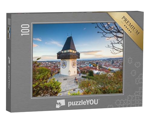 puzzleYOU: Puzzle 100 Teile „Klassisches Panorama: Graz mit Uhrenturm bei Sonnenuntergang, Steiermark“ – aus der Puzzle-Kollektion Graz von puzzleYOU