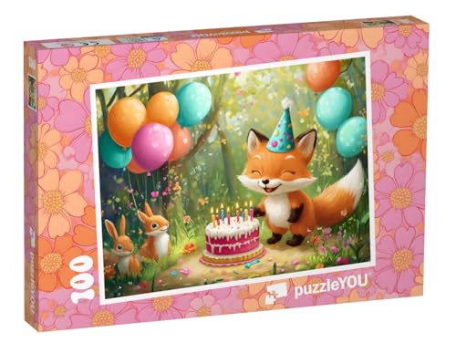puzzleYOU: Puzzle 100 Teile „Kleiner Fuchs feiert Geburtstagsfest im Wald“ von puzzleYOU