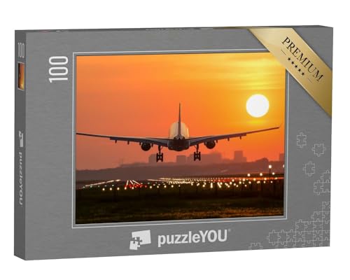 puzzleYOU: Puzzle 100 Teile „Passagierflugzeug bei der Landung im Sonnenuntergang“ – aus der Puzzle-Kollektion Flugzeuge von puzzleYOU