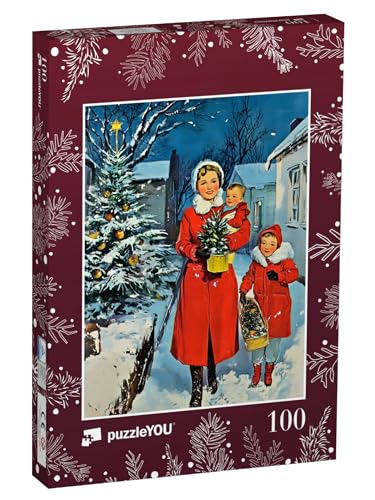 puzzleYOU: Puzzle 100 Teile „Retro-Stil: Mutter mit Kindern in roten Mänteln in der Weihnachtsnacht“ – aus der Puzzle-Kollektion Weihnachten von puzzleYOU