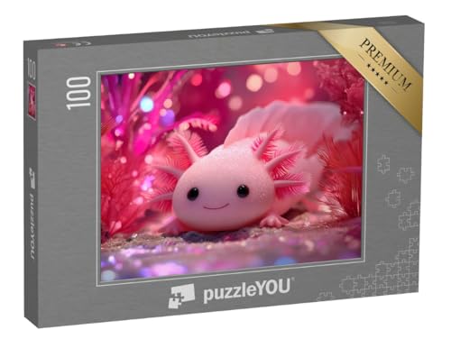 puzzleYOU: Puzzle 100 Teile „Rosa Axolotl zwischen rosa Pflanzen“ – aus der Puzzle-Kollektion Unterwasser, Fische & Wassertiere von puzzleYOU