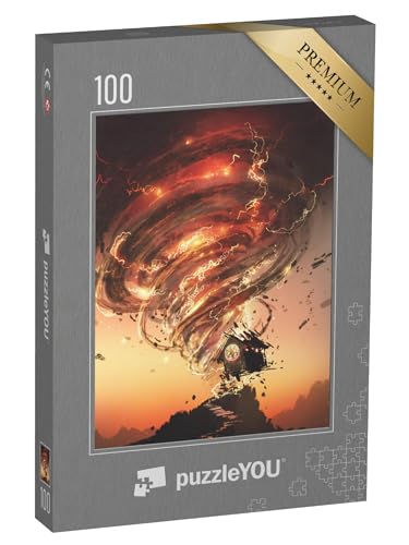 puzzleYOU: Puzzle 100 Teile „Roter Tornado mit Blitz, der das kleine alte Haus zerstört, digitaler Kunststil“ – aus der Puzzle-Kollektion Fantasy von puzzleYOU