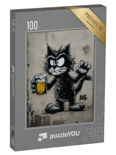 puzzleYOU: Puzzle 100 Teile „Schwarzer Kater mit Bier“ – aus der Puzzle-Kollektion Kunst & Fantasy von puzzleYOU