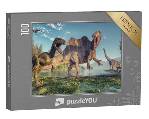 puzzleYOU: Puzzle 100 Teile „Spinosaurus und Deinonychus, Dschungel-Szene, 3D-Illustration“ – aus der Puzzle-Kollektion Dinosaurier, Tiere aus Fantasy & Urzeit von puzzleYOU