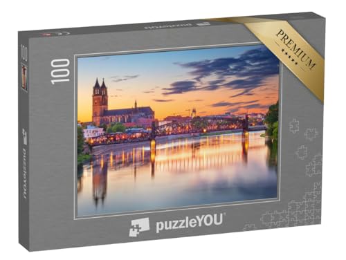 puzzleYOU: Puzzle 100 Teile „Stadtbild Bild von Magdeburg mit der Elbe im Sonnenuntergang, Deutschland“ – aus der Puzzle-Kollektion Elbe, Magdeburg, Landschaft von puzzleYOU