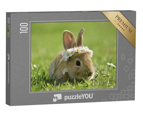 puzzleYOU: Puzzle 100 Teile „Süßes kleines Kaninchen mit Gänseblümchenkranz“ – aus der Puzzle-Kollektion Hasen von puzzleYOU