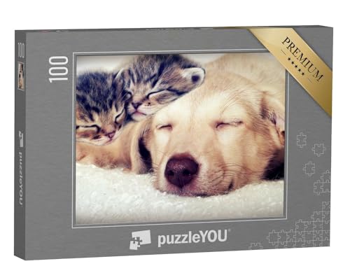 puzzleYOU: Puzzle 100 Teile „Welpe und Kätzchen schlafen“ – aus der Puzzle-Kollektion Tiere, Katzen-Puzzles von puzzleYOU