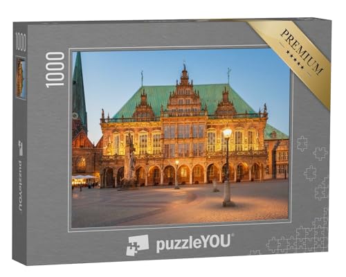 puzzleYOU: Puzzle 1000 Teile „Abendlich beleuchtetes Rathaus der Stadt Bremen, Deutschland“ – aus der Puzzle-Kollektion Bremen, Deutsche Großstädte von puzzleYOU