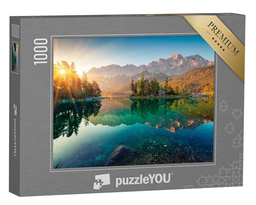 puzzleYOU: Puzzle 1000 Teile „Beeindruckender Sommer-Sonnenaufgang am Eibsee mit Zugspitze“ – aus der Puzzle-Kollektion Eibsee, Bayerische Alpen von puzzleYOU