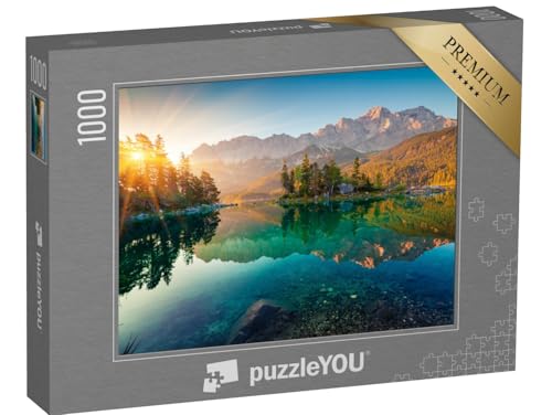 puzzleYOU: Puzzle 1000 Teile „Beeindruckender Sommer-Sonnenaufgang am Eibsee mit Zugspitze“ – aus der Puzzle-Kollektion Eibsee, Bayerische Alpen von puzzleYOU