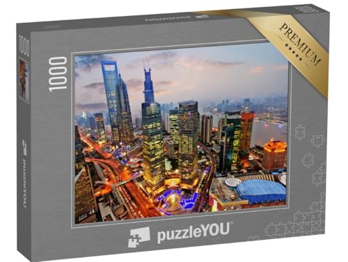 puzzleYOU: Puzzle 1000 Teile „Blick vom Oriental Pearl Fernsehturm neben dem Huangpu-Fluss in Shanghai“ – aus der Puzzle-Kollektion Wolkenkratzer von puzzleYOU