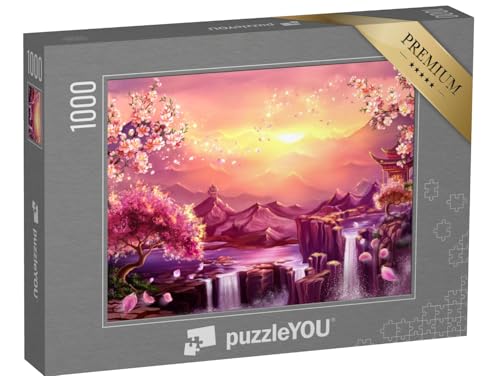 puzzleYOU: Puzzle 1000 Teile „Digitale Kunst: Japanische Kirschblüte in der Dämmerung der Berge“ – aus der Puzzle-Kollektion Illustrationen von puzzleYOU