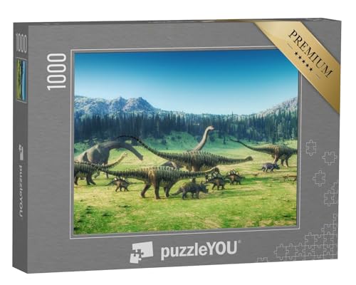 puzzleYOU: Puzzle 1000 Teile „Dinosaurier auf dem Tal, 3D-Illustration“ – aus der Puzzle-Kollektion Dinosaurier, Tiere aus Fantasy & Urzeit von puzzleYOU