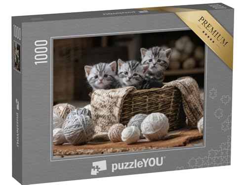 puzzleYOU: Puzzle 1000 Teile „Gruppe von kleinen gestreiften Kätzchen mit Garnknäueln“ – aus der Puzzle-Kollektion Katzen-Puzzles von puzzleYOU