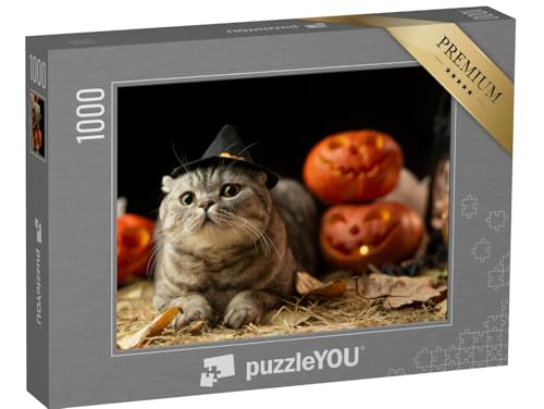 puzzleYOU: Puzzle 1000 Teile „Halloween-Katze mit Hut“ – aus der Puzzle-Kollektion Festtage, Katzen-Puzzles von puzzleYOU
