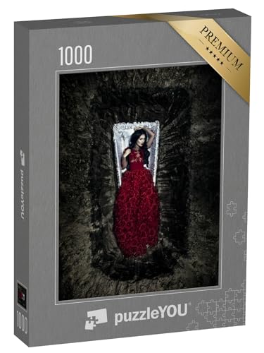 puzzleYOU: Puzzle 1000 Teile „Halloween: Junge schöne Frau in einem offenen Grab, Sarg, rotes Kleid“ – aus der Puzzle-Kollektion Vampire von puzzleYOU