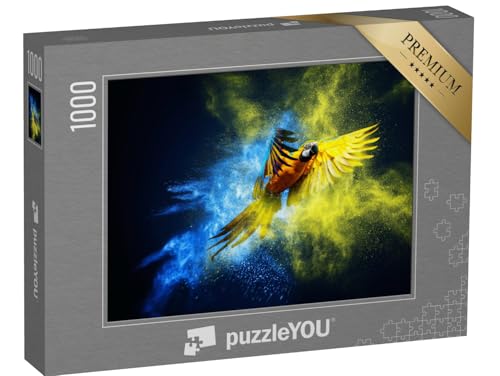 puzzleYOU: Puzzle 1000 Teile „Kunstvoll inszeniert: Fliegender Ara“ – aus der Puzzle-Kollektion Vögel, Tiere, Papagei, Tiere in Dschungel & Regenwald von puzzleYOU
