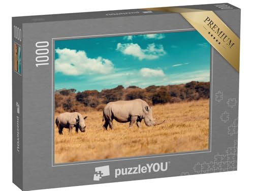puzzleYOU: Puzzle 1000 Teile „Nashorn-Familie, Mutter mit Baby des Breitmaulnashorns, Botswana“ – aus der Puzzle-Kollektion Tiere, Safari, Savanne, Nashörner, Tiere in Savanne & Wüste von puzzleYOU