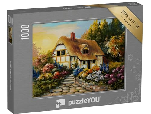 puzzleYOU: Puzzle 1000 Teile „Ölgemälde: Kleines altes Fachwerk-Bauernhaus“ – aus der Puzzle-Kollektion Ölbilder von puzzleYOU