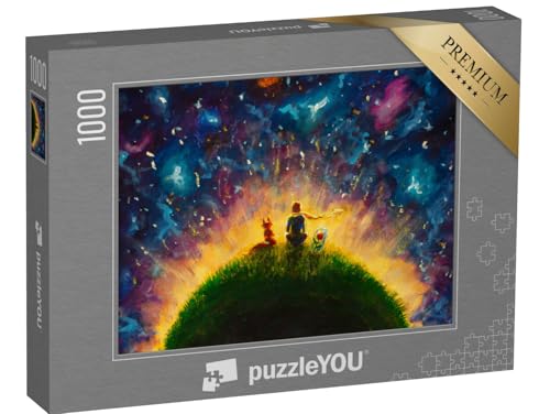 puzzleYOU: Puzzle 1000 Teile „Original-Ölgemälde: Kleiner Prinz, Fuchs und Rote Rose sitzen im Gras“ – aus der Puzzle-Kollektion Illustrationen von puzzleYOU