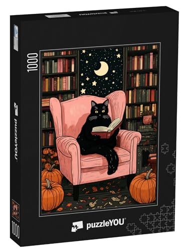 puzzleYOU: Puzzle 1000 Teile „Schwarze Katze beim lesen im Sessel an Halloween“ von puzzleYOU