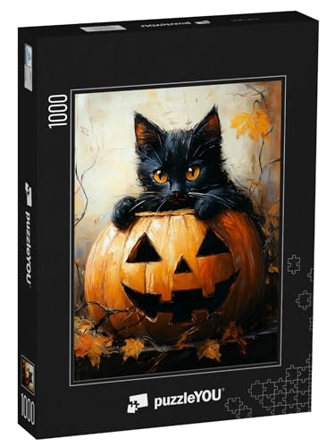 puzzleYOU: Puzzle 1000 Teile „Schwarze Katze im Kürbis Halloween“ von puzzleYOU