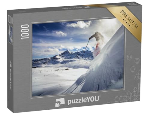 puzzleYOU: Puzzle 1000 Teile „Skifahrer, der einen steilen Hang hinunterfährt, Blauer Himmel und Berge“ – aus der Puzzle-Kollektion Winter, Himmel & Jahreszeiten von puzzleYOU