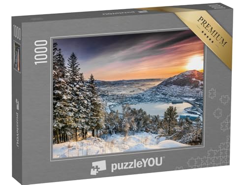 puzzleYOU: Puzzle 1000 Teile „Sonnenuntergang auf dem Berggipfel in Bergen, Norwegen“ – aus der Puzzle-Kollektion Bergen, Europäische Städte von puzzleYOU