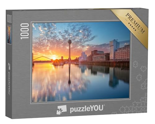 puzzleYOU: Puzzle 1000 Teile „Sonnenuntergang über dem Mediahafen in Düsseldorf, Nordrhein-Westfalen“ – aus der Puzzle-Kollektion Rhein von puzzleYOU